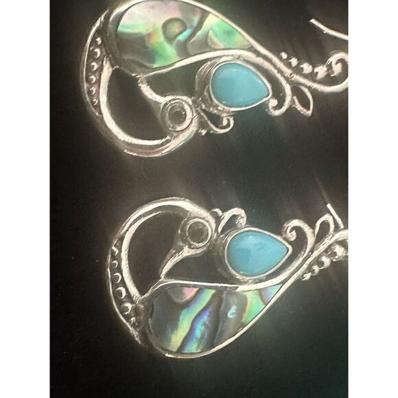 925 Sterling Silver Turquoise Gemstone Peacock Earrings 1.40 Cttw - Picture 2 of 5